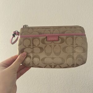 Coach Signature Wristlet, Vintage, Beige & Pink Trim - Like New